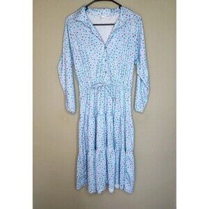 Vintage Union Made 70s Dress Women's Size 12 3/4 Length Sleeves Blue Floral Tier